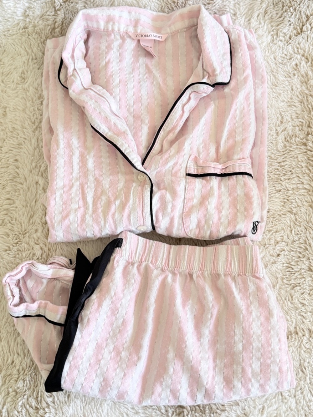 Victoria's Secret Pink & White Striped Pajama Top with Black Piping